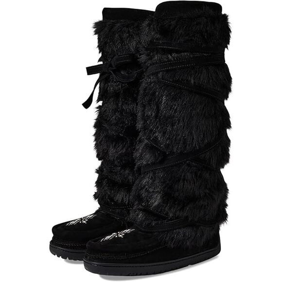 Manitobah Mukluks Size 5 Black Tall Wrap Faux Fur Suede Boot Knee High M24-12 - Picture 1 of 11